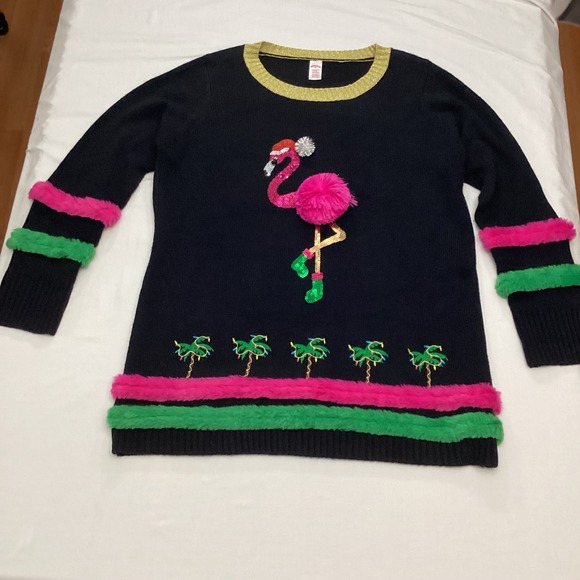 Holiday Time Women's XXL Christmas Flamingo Ugly Sweater Pink Green Trees - Picture 1 of 8